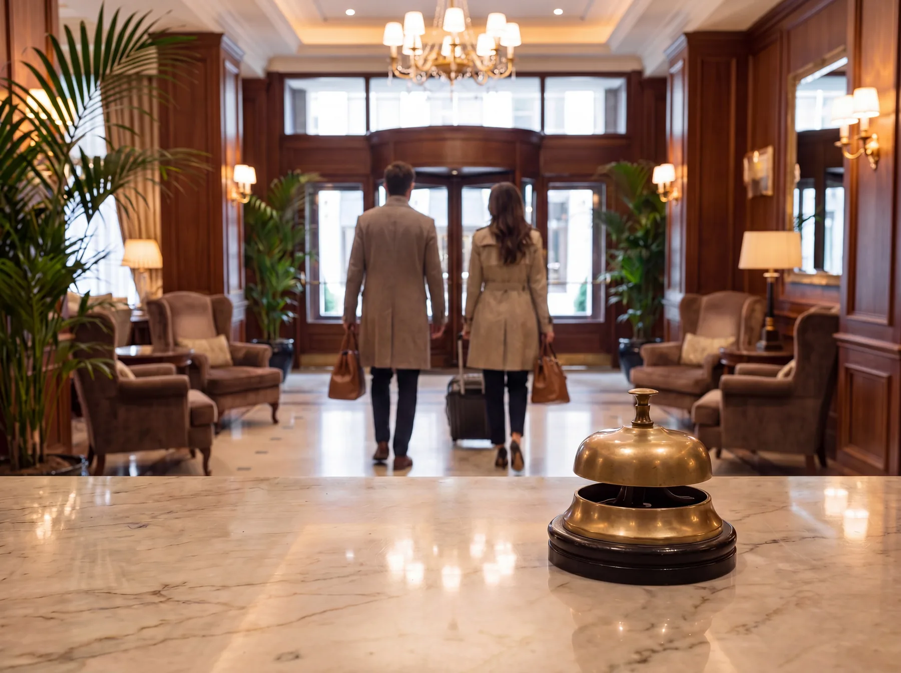 Gäste verlassen nach dem Check-out ein Luxushotel, während im Vordergrund die Rezeptionsglocke zu sehen ist